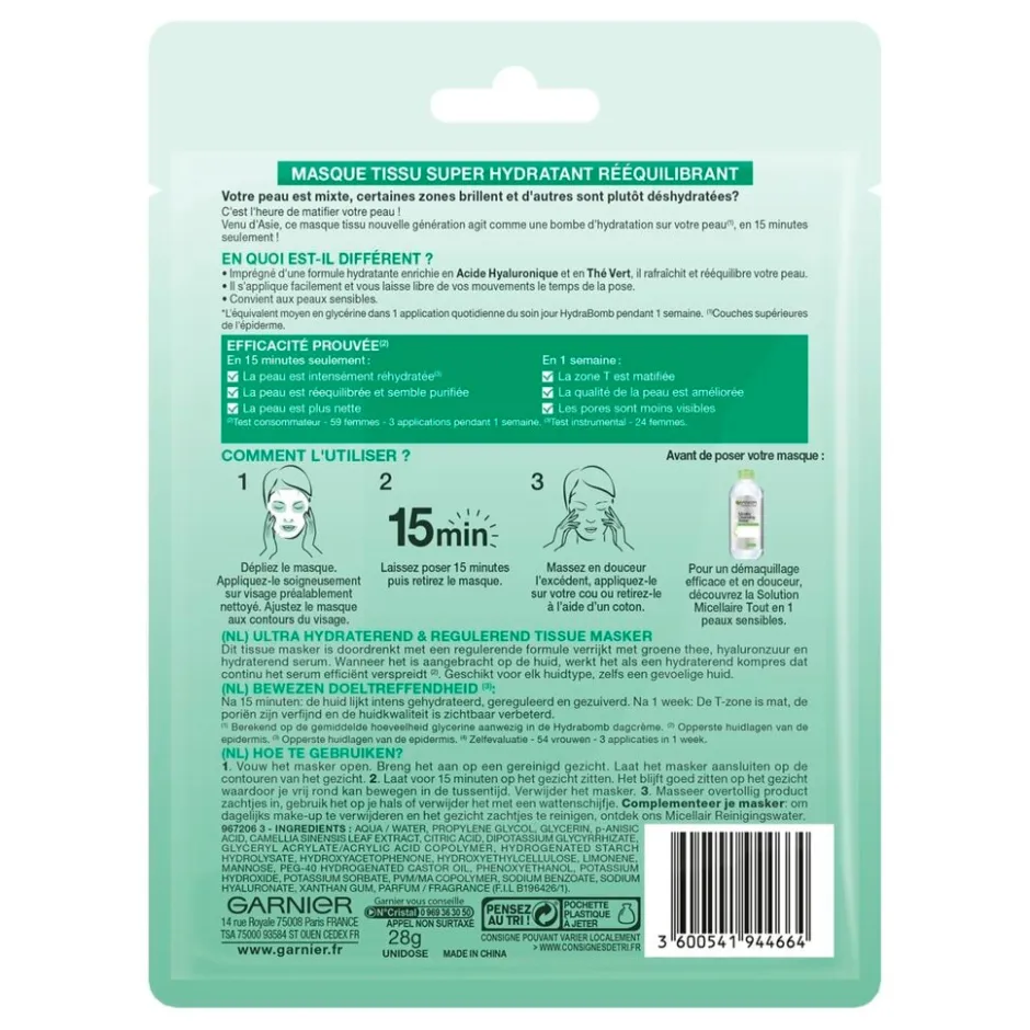 Outlet Garnier Skin Naturals Garnier SkinActive Hydra Bomb Groene Thee Tissuemasker